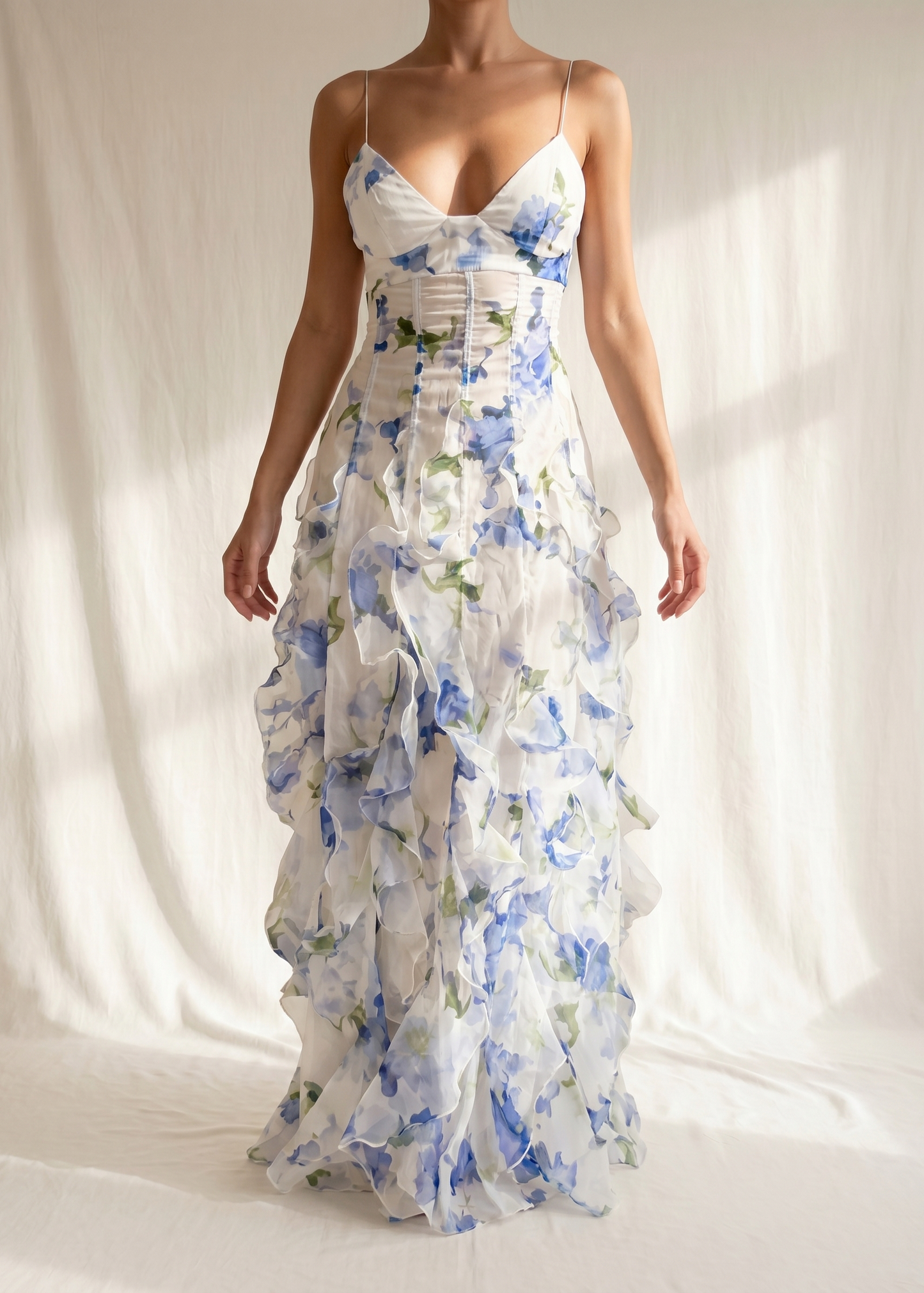 Iria | Vestido Midi Floral con Volantes Fruncidos