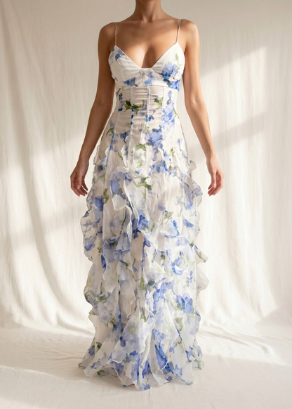 Iria | Vestido Midi Floral con Volantes Fruncidos