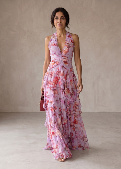Bella | Cascada Romántica de Rosas Vestido Largo con Escote Americano
