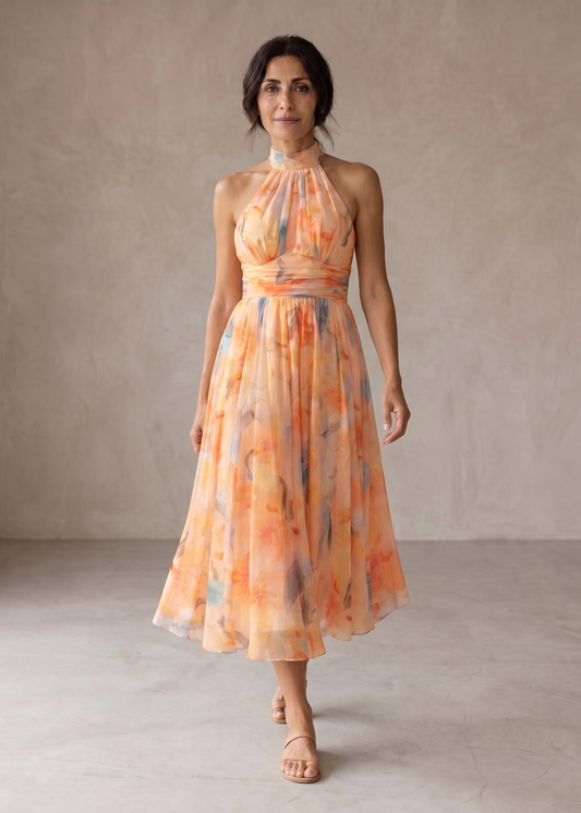 Aurora | Vestido con Cuello Halter y Estampado Acuarela