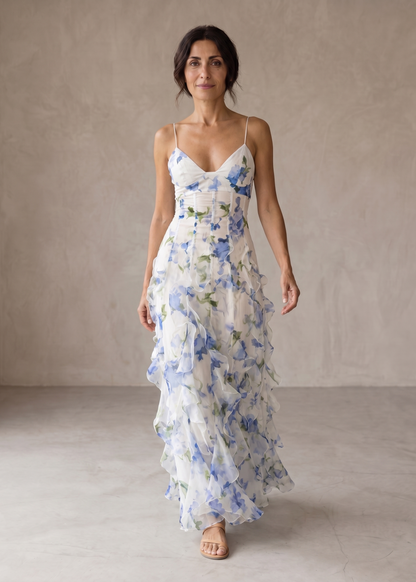 Iria | Vestido Midi Floral con Volantes Fruncidos