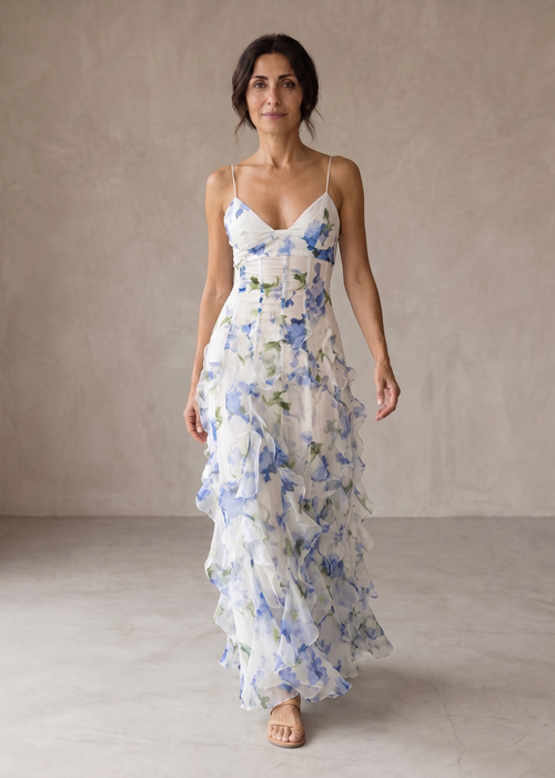 Iria | Vestido Midi Floral con Volantes Fruncidos
