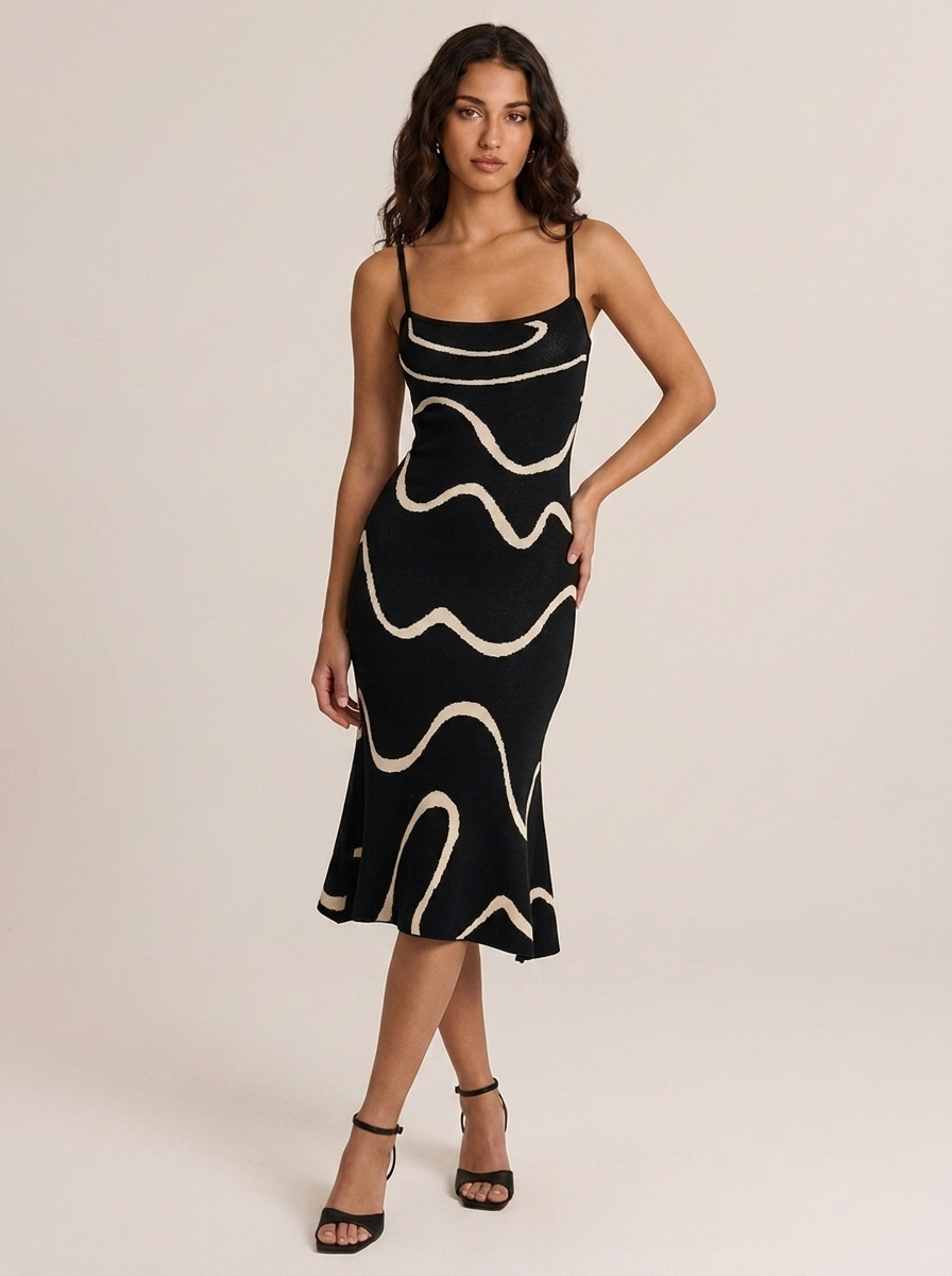 Luna - Vestido midi de punto negro con bajo sirena y ondas