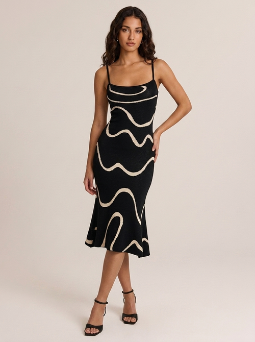 Luna - Vestido midi de punto negro con bajo sirena y ondas