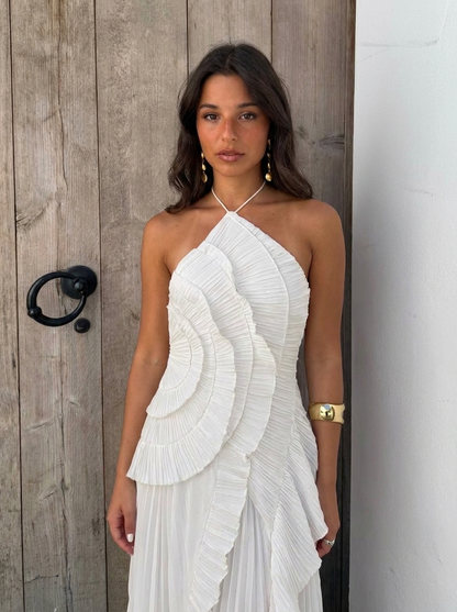 Nina - Vestido midi asimétrico plisado con cuello halter
