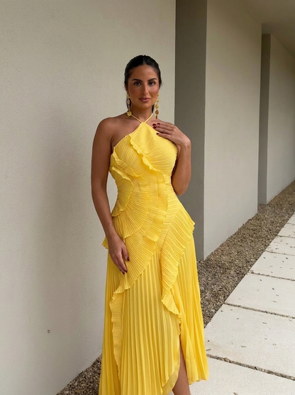 Nina - Vestido midi asimétrico plisado con cuello halter