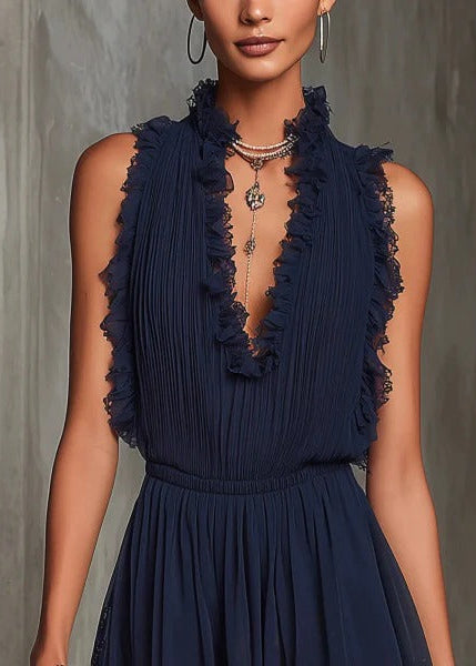 Valentina - Mono navy de chiffón con encaje y volantes