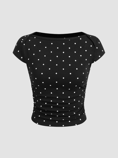 Mia - Camiseta acanalada de lunares con cuello barco y minifalda con short interior