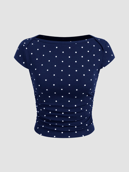 Mia - Camiseta acanalada de lunares con cuello barco y minifalda con short interior