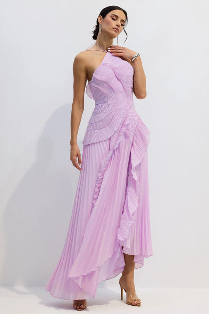 Nina - Vestido midi asimétrico plisado con cuello halter