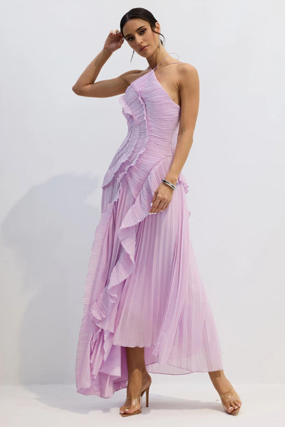 Nina - Vestido midi asimétrico plisado con cuello halter