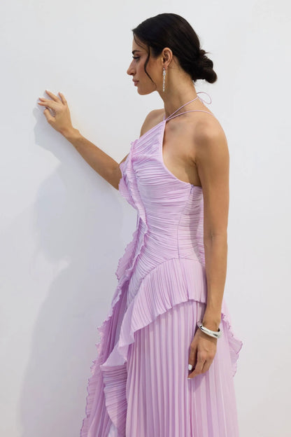 Nina - Vestido midi asimétrico plisado con cuello halter