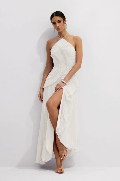 Nina - Vestido midi asimétrico plisado con cuello halter