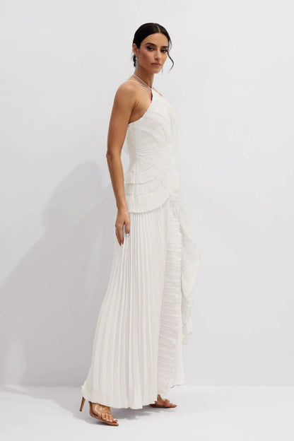 Nina - Vestido midi asimétrico plisado con cuello halter