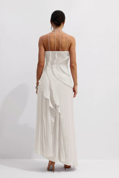 Nina - Vestido midi asimétrico plisado con cuello halter