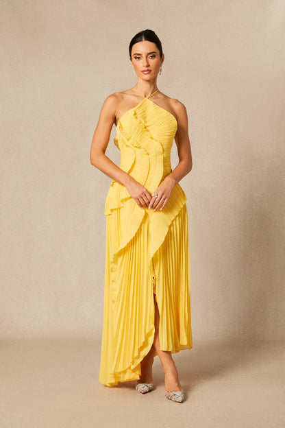Nina - Vestido midi asimétrico plisado con cuello halter