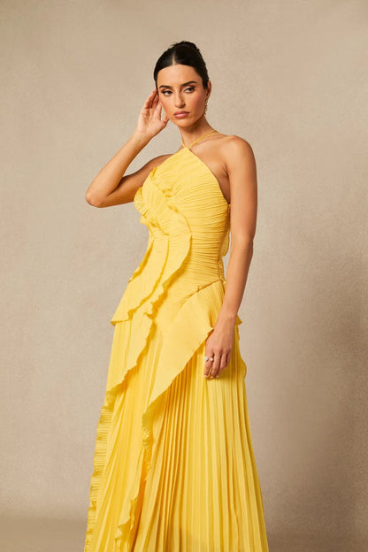 Nina - Vestido midi asimétrico plisado con cuello halter