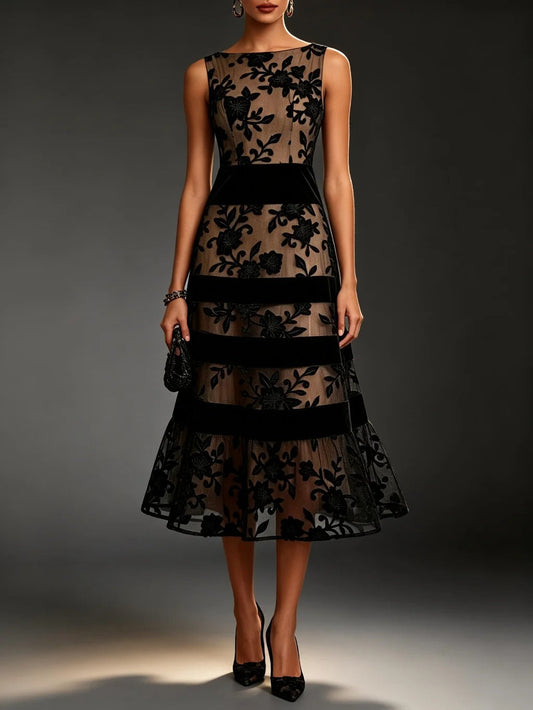 Odette - Vestido Midi de Tul Bordado Floral