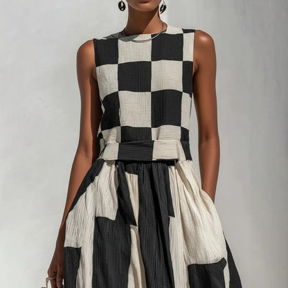 NOA - Vestido Maxi Geométrico en Blanco y Negro