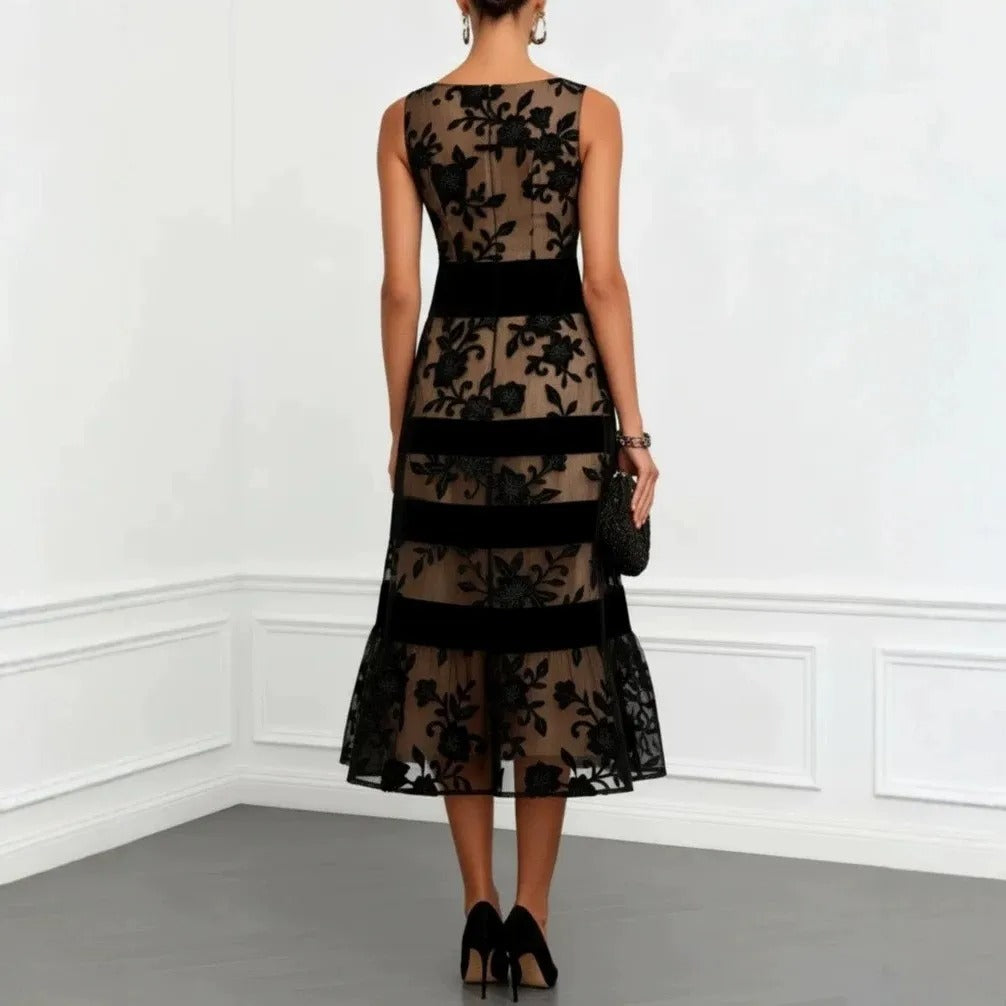 Odette - Vestido Midi de Tul Bordado Floral