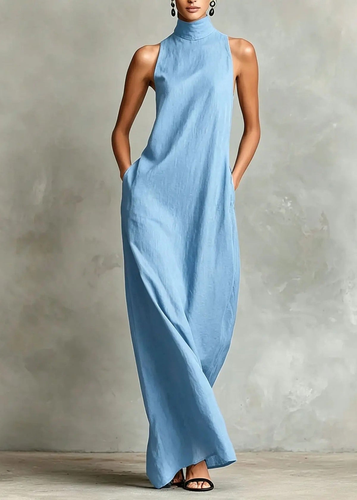Marina - Vestido Largo Holgado sin Mangas con Cuello Alto