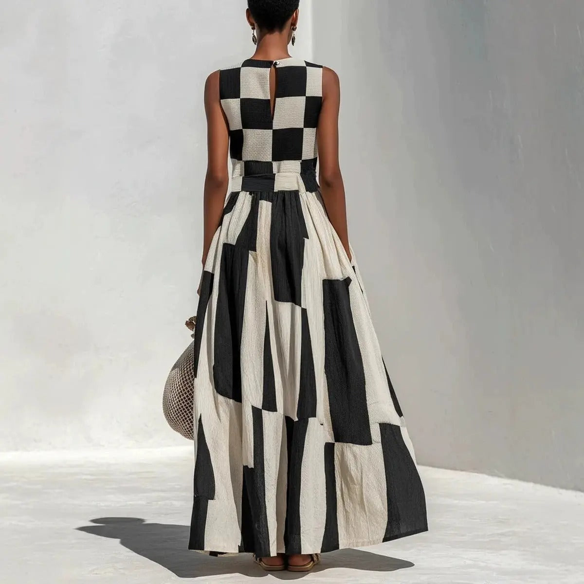 NOA - Vestido Maxi Geométrico en Blanco y Negro