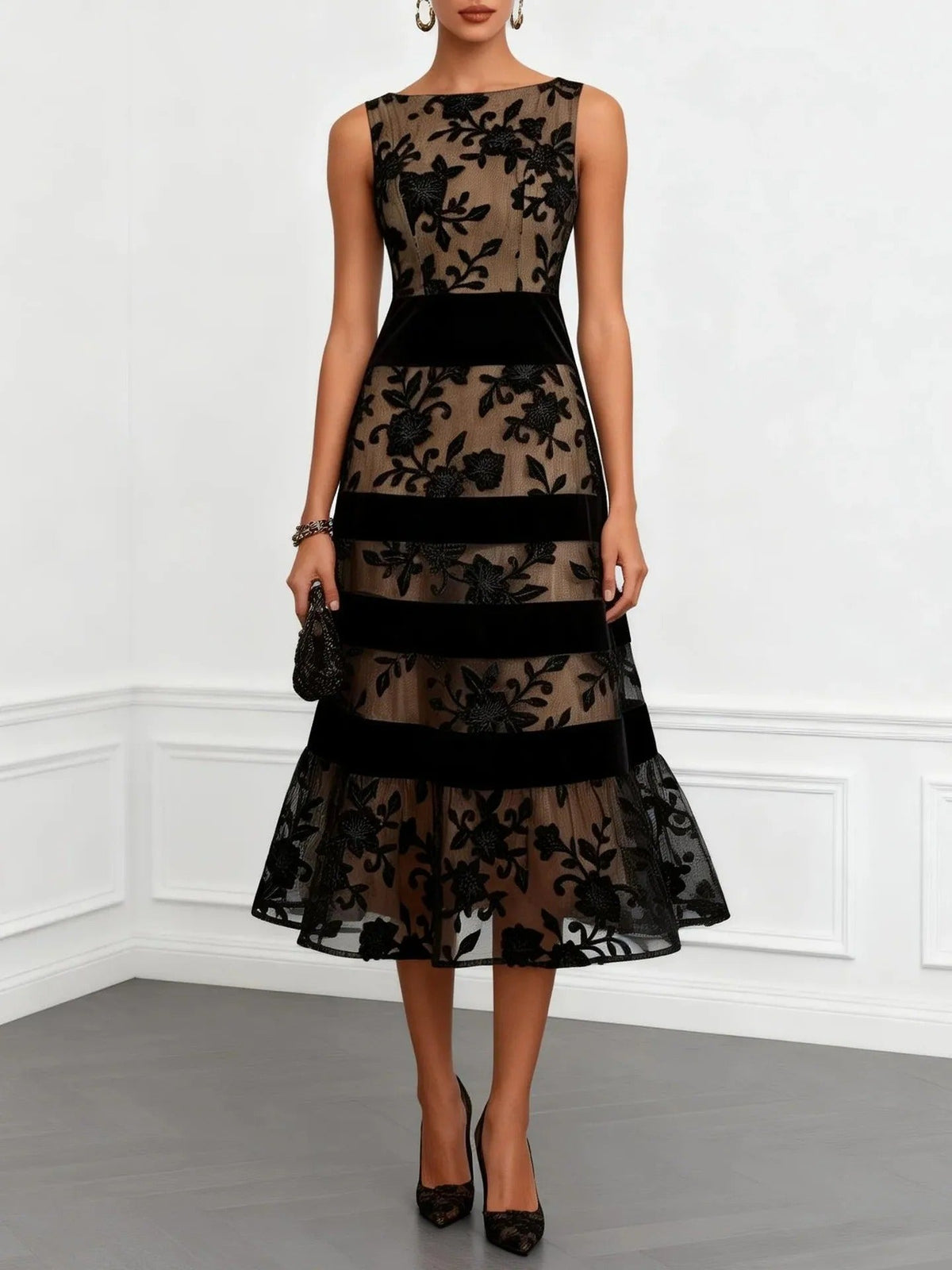 Odette - Vestido Midi de Tul Bordado Floral