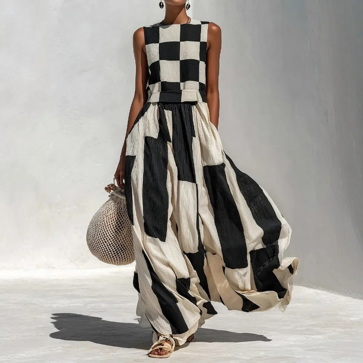 NOA - Vestido Maxi Geométrico en Blanco y Negro