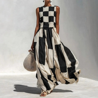 NOA - Vestido Maxi Geométrico en Blanco y Negro