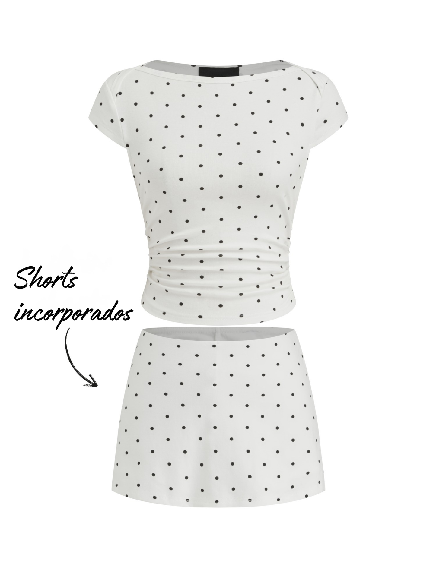 Mia - Camiseta acanalada de lunares con cuello barco y minifalda con short interior