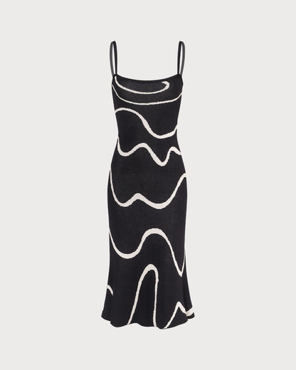 Luna - Vestido midi de punto negro con bajo sirena y ondas
