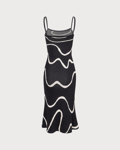 Luna - Vestido midi de punto negro con bajo sirena y ondas