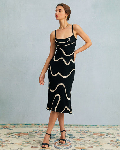 Luna - Vestido midi de punto negro con bajo sirena y ondas