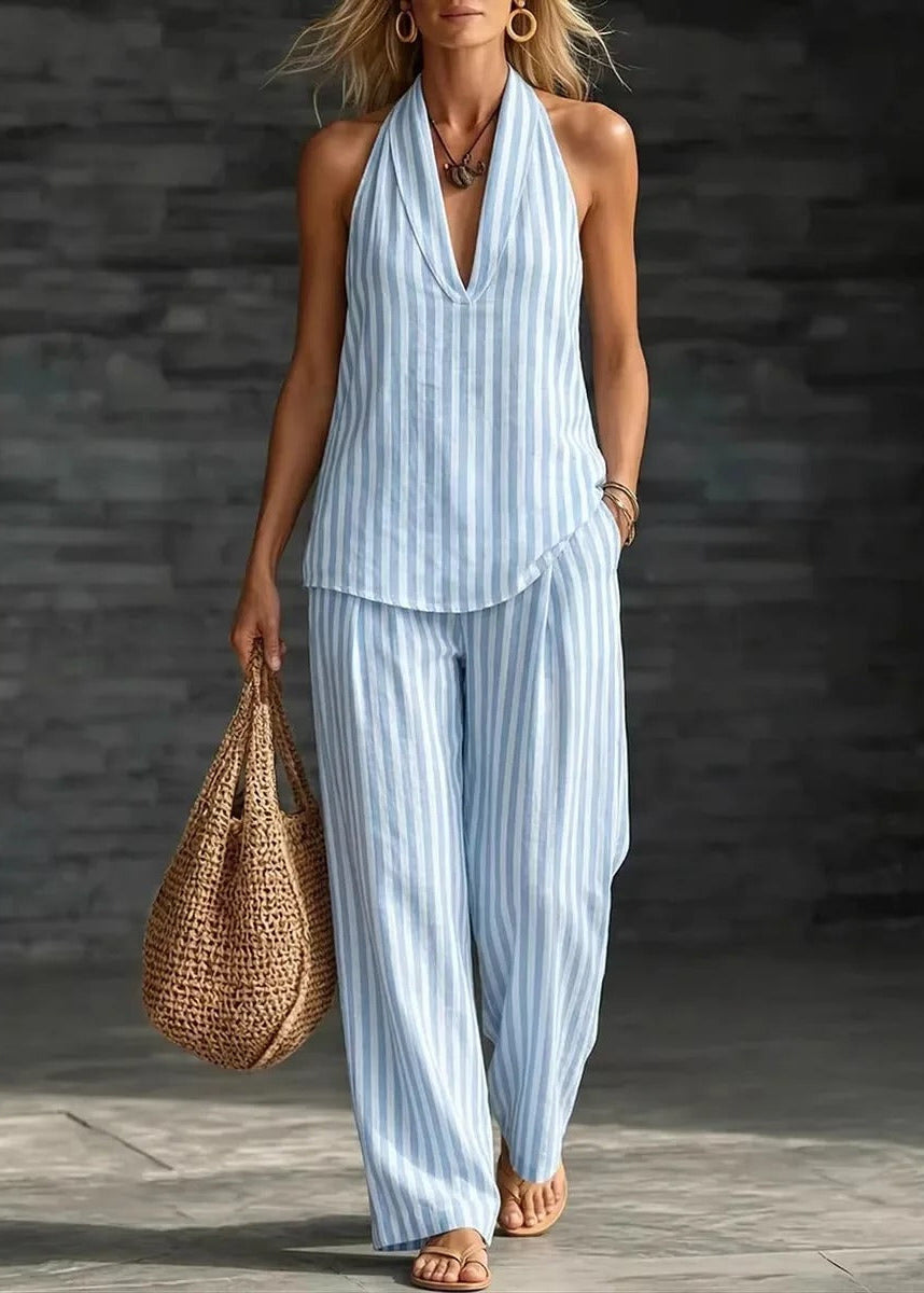 Sofía - Conjunto Efecto Lino con Top Halter y Pantalón Ancho a Rayas