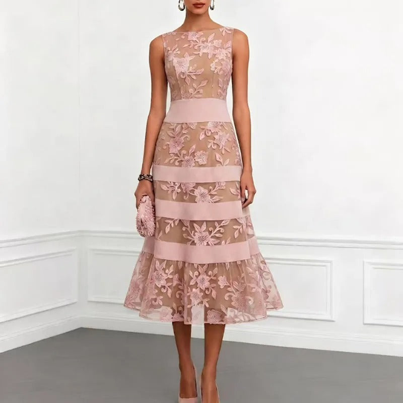 Odette - Vestido Midi de Tul Bordado Floral