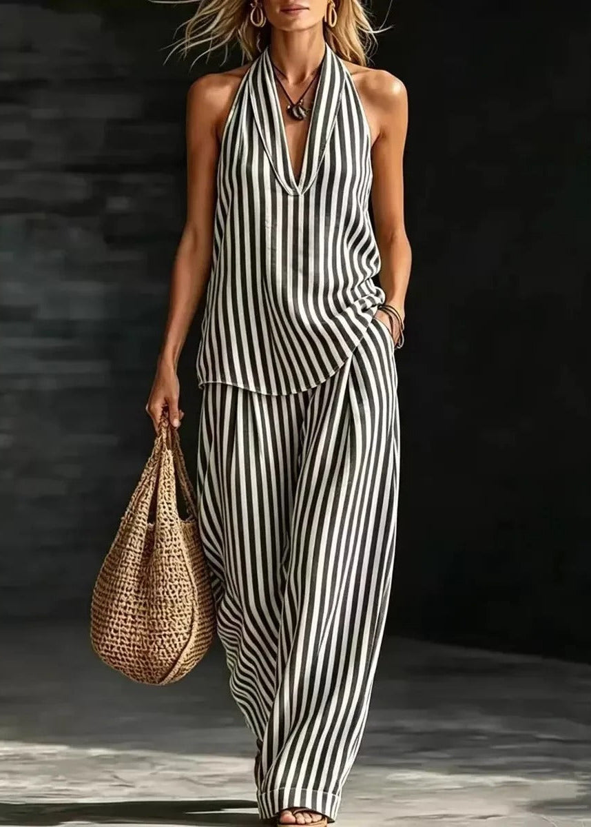 Sofía - Conjunto Efecto Lino con Top Halter y Pantalón Ancho a Rayas