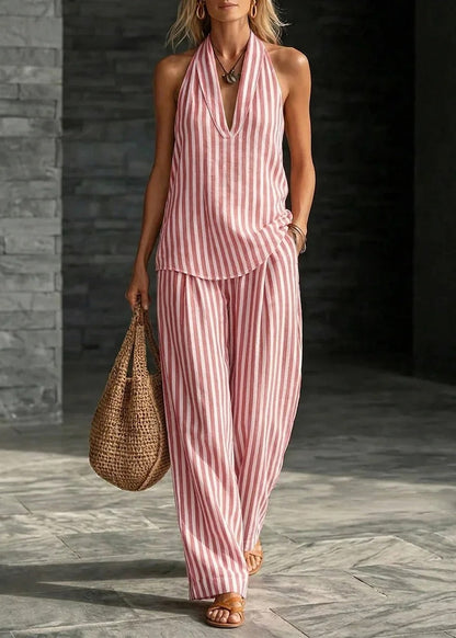 Sofía - Conjunto Efecto Lino con Top Halter y Pantalón Ancho a Rayas