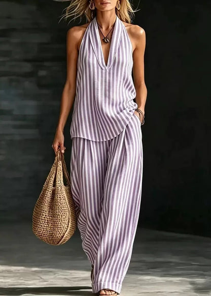 Sofía - Conjunto Efecto Lino con Top Halter y Pantalón Ancho a Rayas